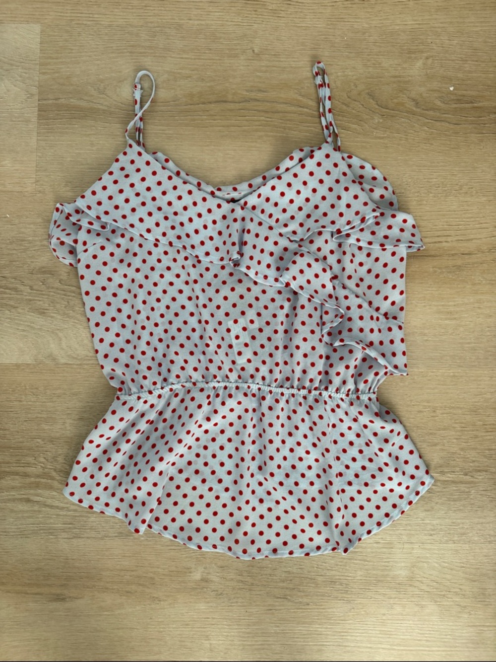 PJK Polka Dot Ruffle Cami Top - Light Blue with Red Dots